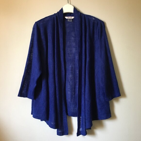 Phthalo Blue Mesh 3/4 Sleeve Open Waterfall Cardigan - Picture 2 of 14